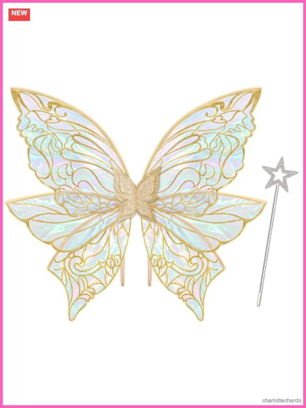 Adult Women Fairy Wings Costume Sheer Organza Glitter with Star Wand Halloween